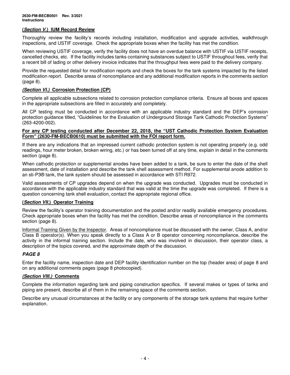 Instructions for Form 2630-FM-BECB0501 Underground Storage Tank Facility Operations Inspection Report Form - Pennsylvania, Page 4