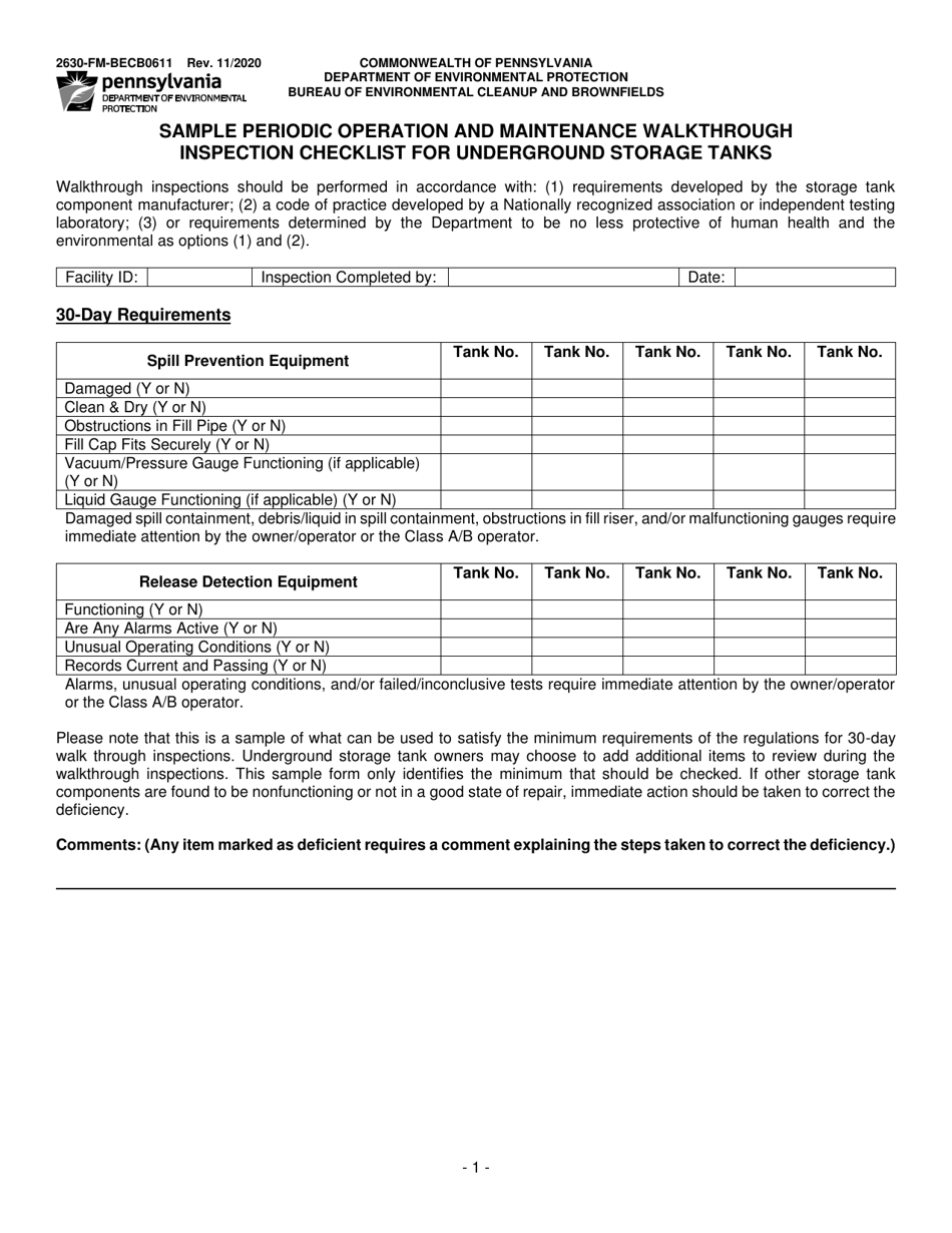Form 2630-FM-BECB0611 Sample Periodic Operation and Maintenance Walkthrough Inspection Checklist for Underground Storage Tanks - Pennsylvania, Page 1