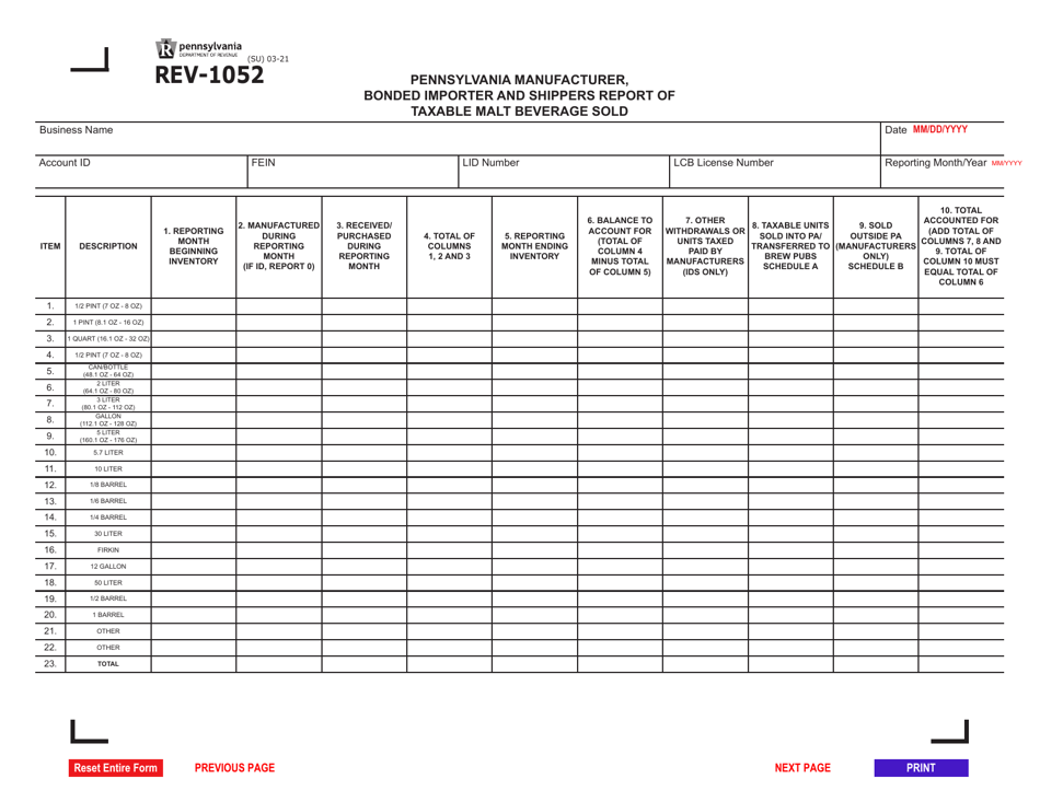 Form REV-1052 Pennsylvania Manufacturer, Bonded Importer and Shippers Report of Taxable Malt Beverage Sold - Pennsylvania, Page 2