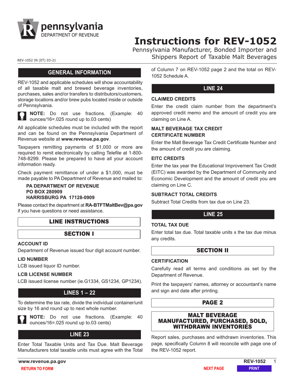Form REV-1052 Pennsylvania Manufacturer, Bonded Importer and Shippers Report of Taxable Malt Beverage Sold - Pennsylvania, Page 3