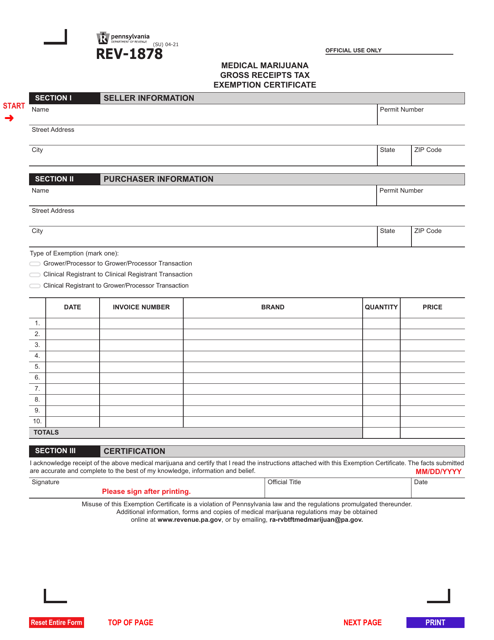 Form REV-1878 Medical(marijuana Gross(receipts(tax Exemption Certificate - Pennsylvania
