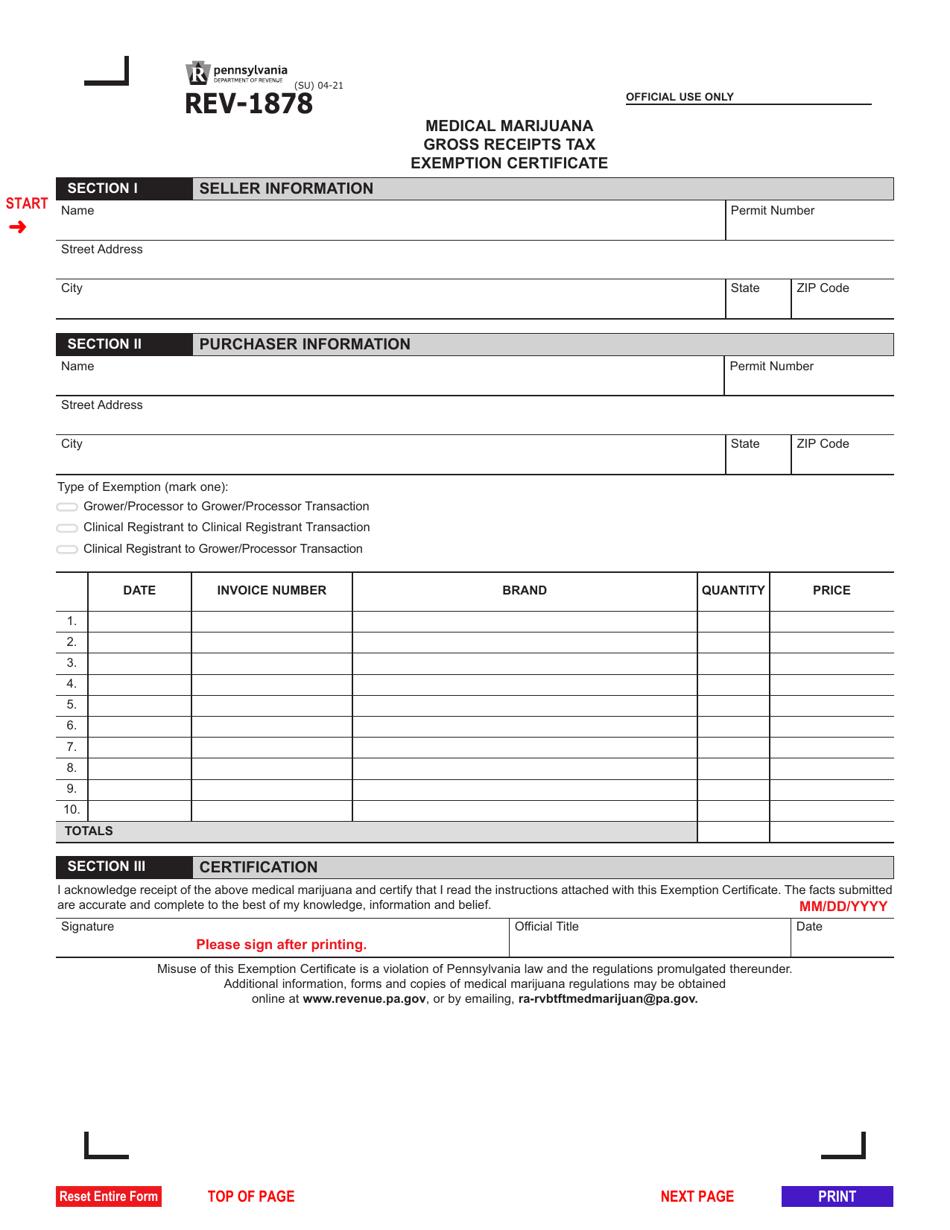 Form REV-1878 Medical(marijuana Gross(receipts(tax Exemption Certificate - Pennsylvania, Page 1