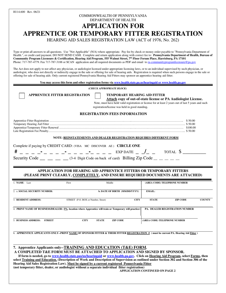 Form H114.600 Application for Apprentice or Temporary Fitter Registration - Pennsylvania, Page 1