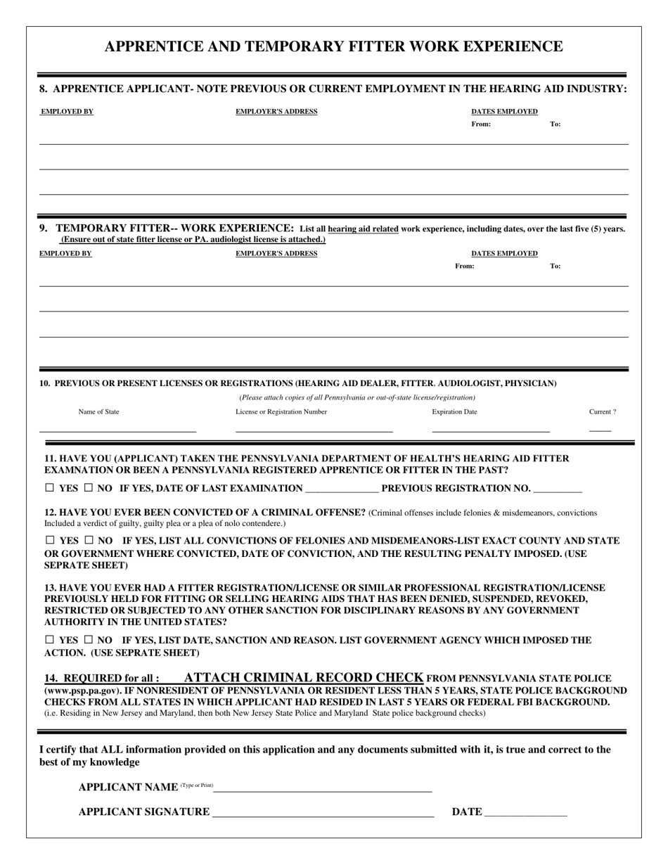 Form H114.600 Application for Apprentice or Temporary Fitter Registration - Pennsylvania, Page 2