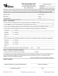 DHEC Form 3110 (MR-1100) Mine Annual Report Form - South Carolina, 2021