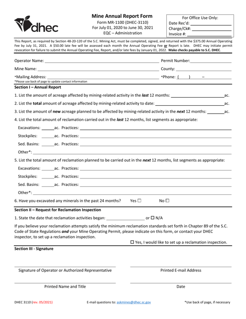 DHEC Form 3110 (MR-1100) 2021 Printable Pdf