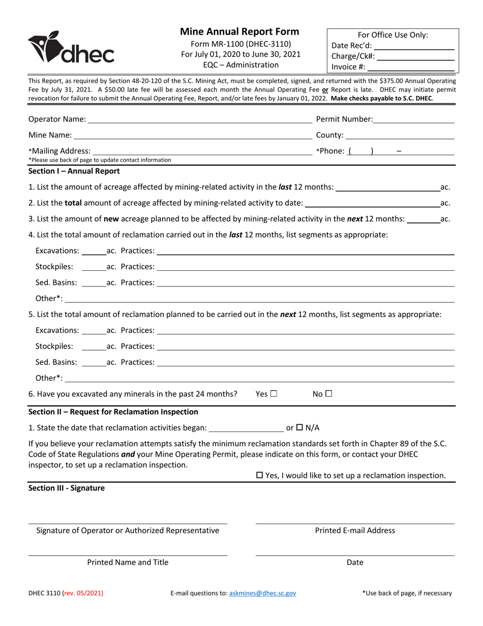 DHEC Form 3110 (MR-1100) Mine Annual Report Form - South Carolina, Page 1