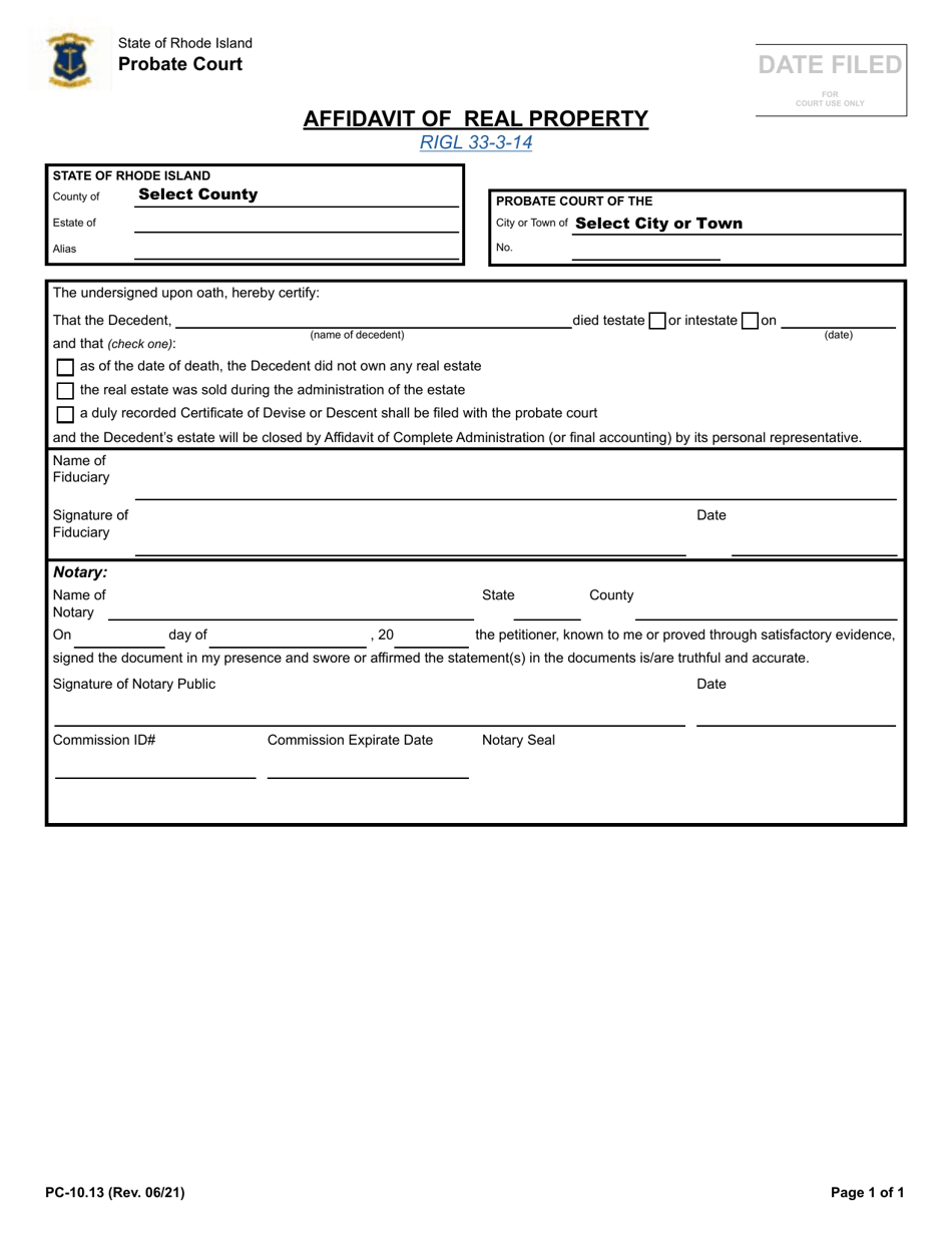 Form PC-10.13 Affidavit of Real Property - Rhode Island, Page 1