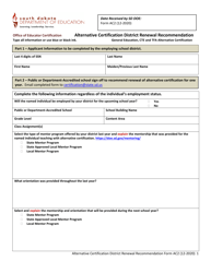 Form AC2 &quot;Alternative Certification District Renewal Recommendation - General Education, Cte and Tfa Alternative Certification&quot; - South Dakota