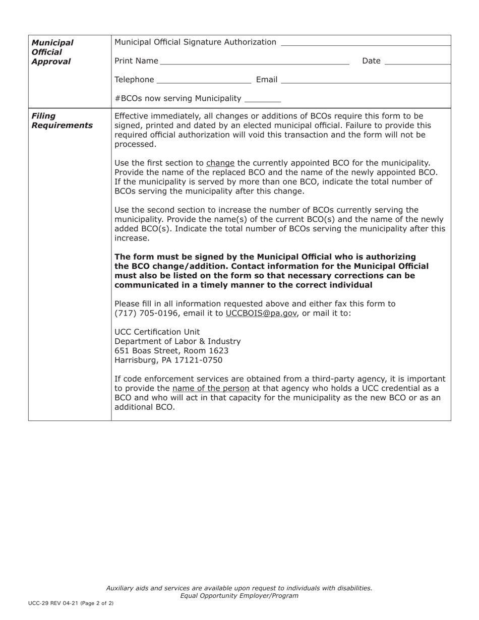Form UCC-29 Notification of Change in Building Code Official or Notification of Addition to Multiple Building Code Officials - Pennsylvania, Page 2