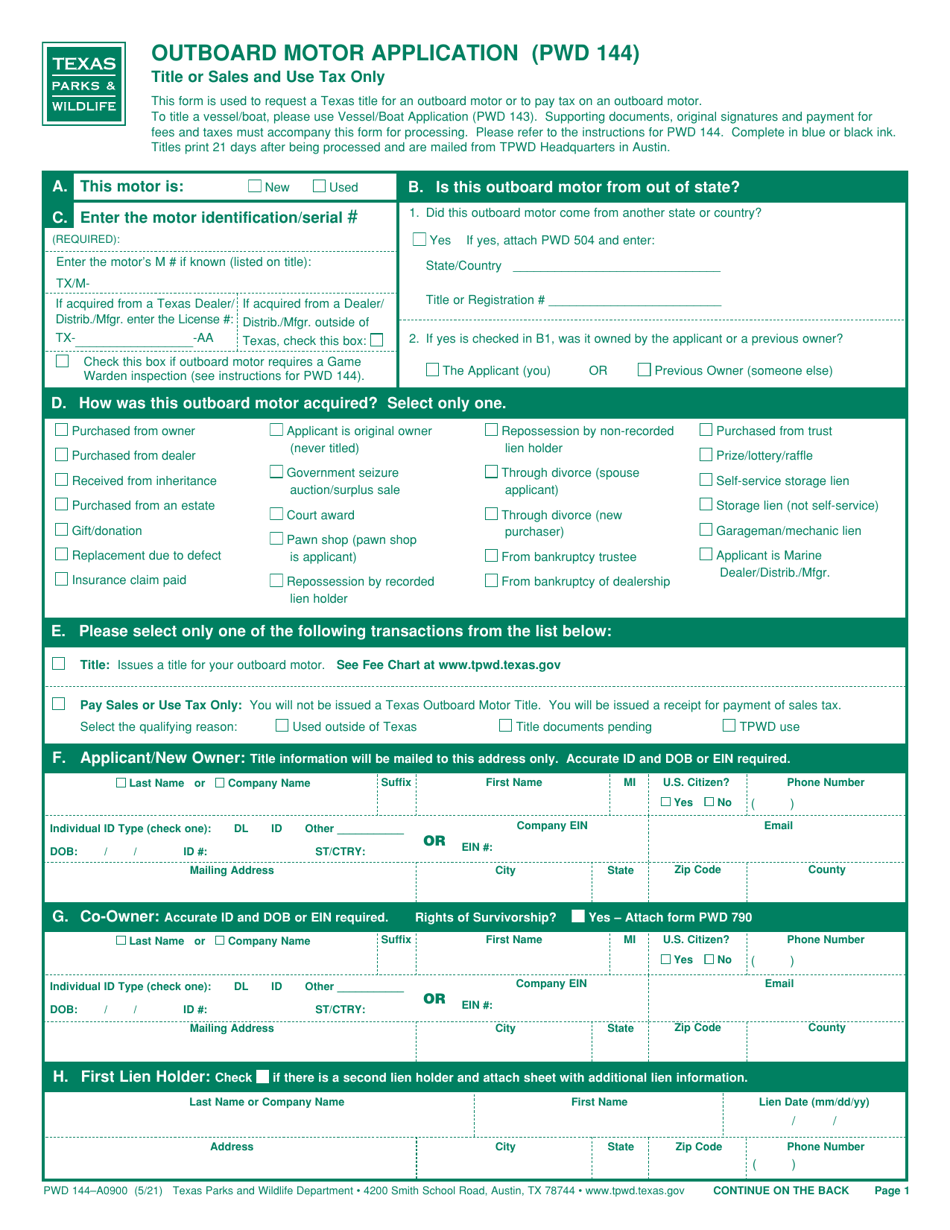 Form PWD144 Outboard Motor Application - Texas, Page 1