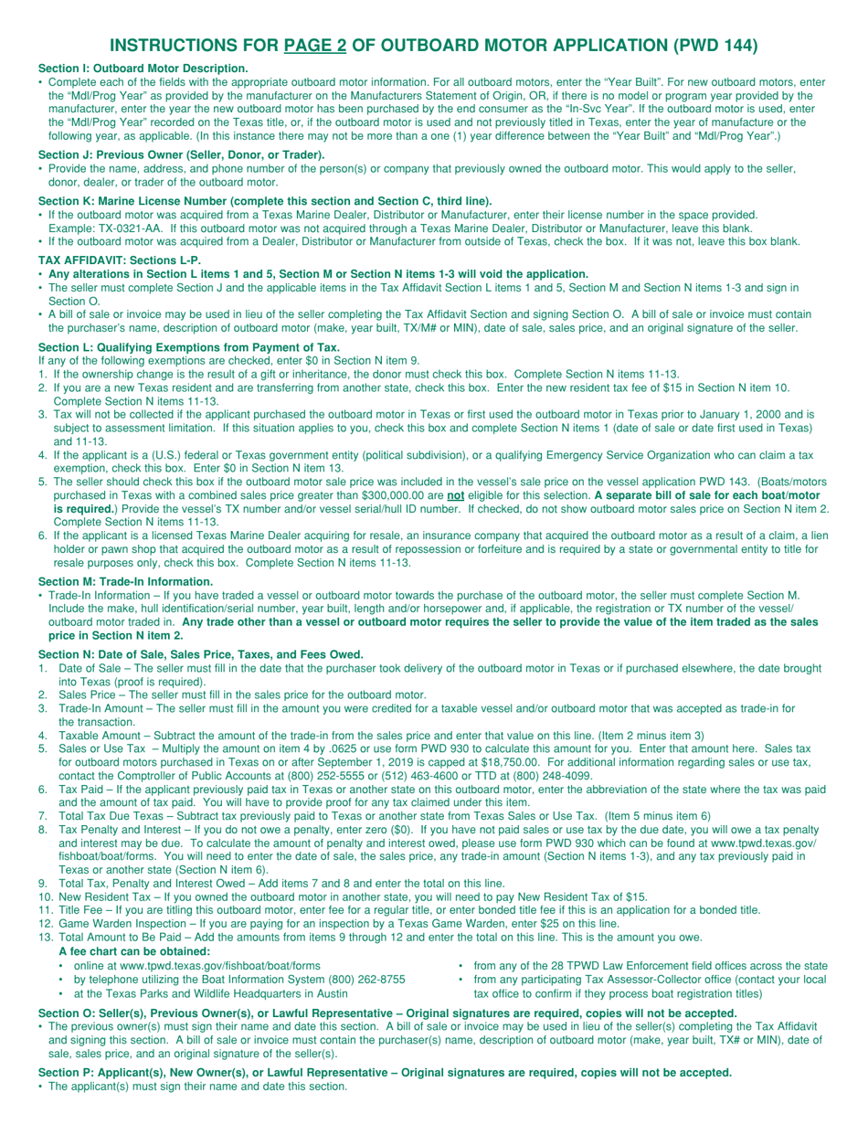 Form PWD144 Outboard Motor Application - Texas, Page 3