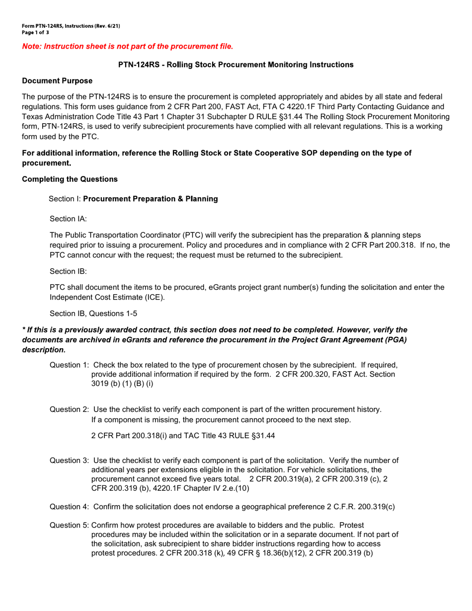 Form PTN-124RS Rolling Stock Procurement Monitoring - Texas, Page 4