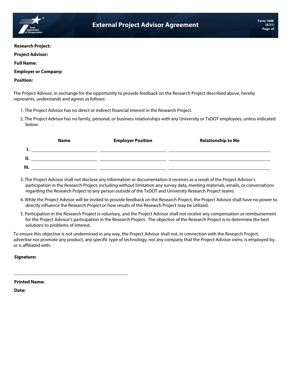 Form 1688 External Project Advisor Agreement - Texas, Page 1