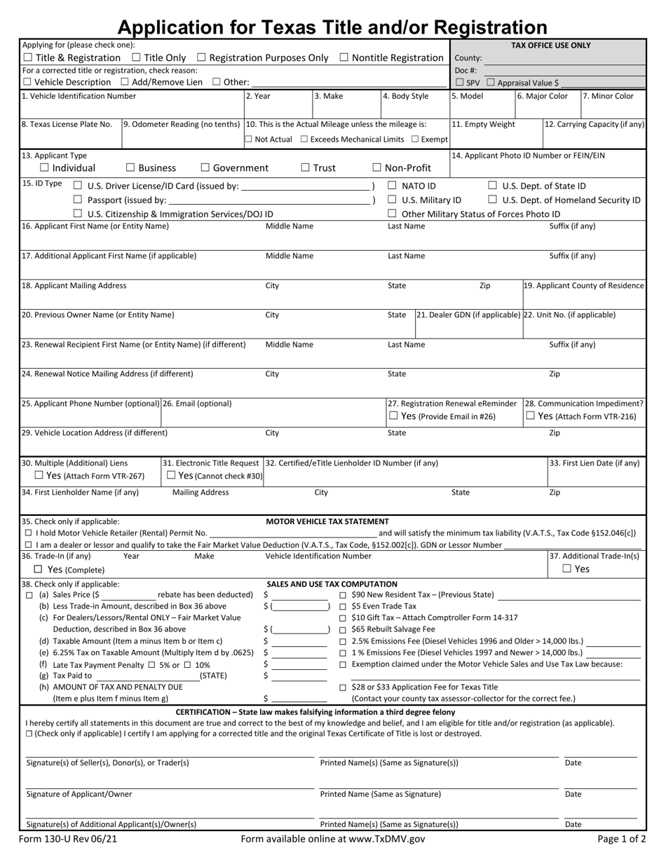 Form 130-U Application for Texas Title and/or Registration - Texas, Page 1