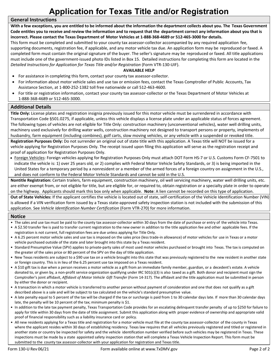 Form 130-U Application for Texas Title and / or Registration - Texas, Page 2