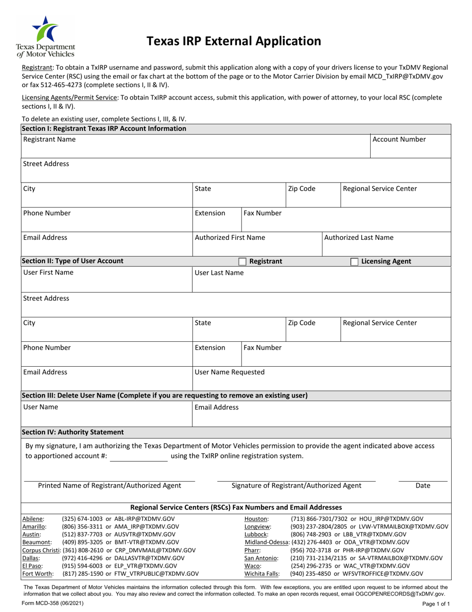 Form MCD-358 Texas Irp External Application - Texas, Page 1