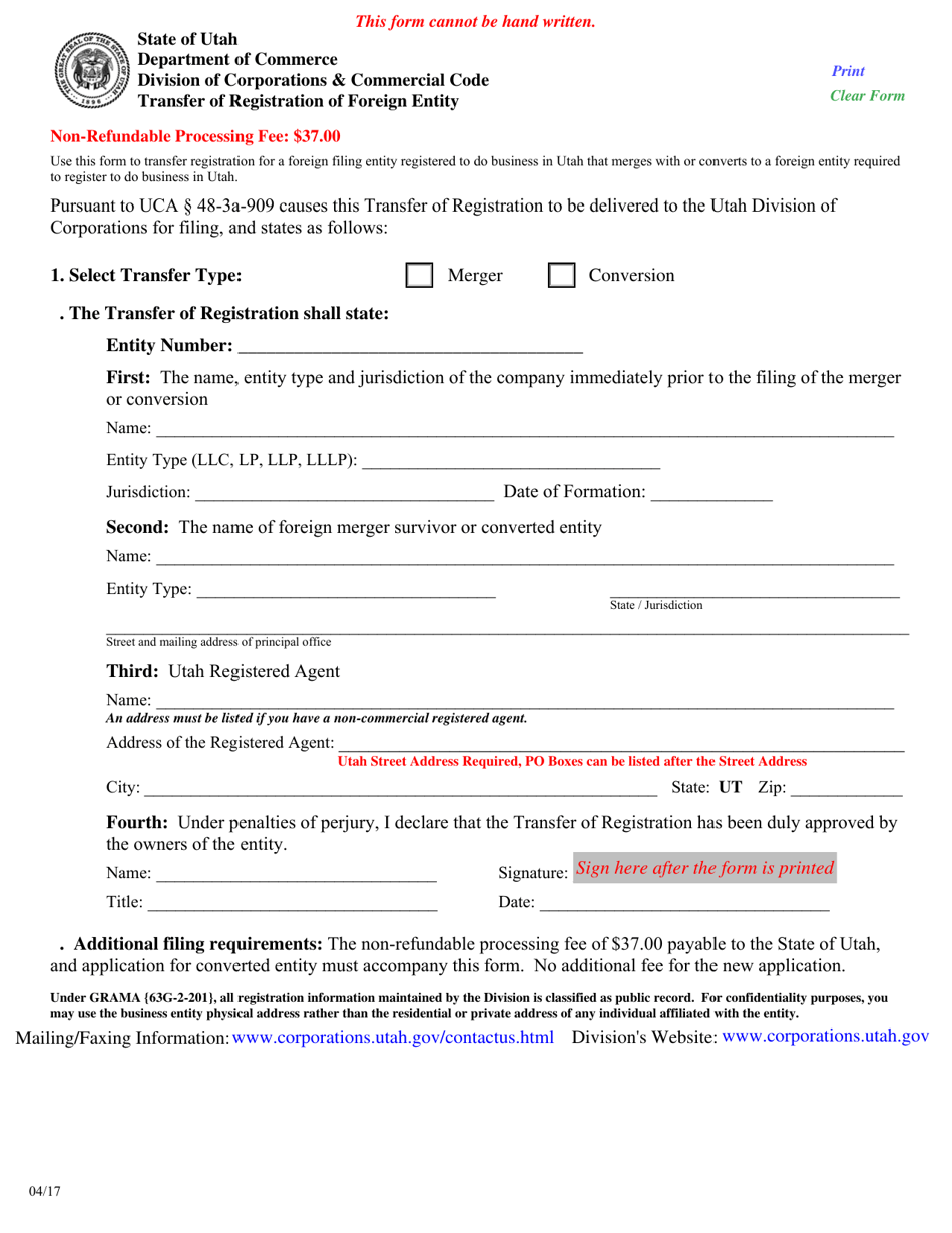 Transfer of Registration of Foreign Entity - Utah, Page 1