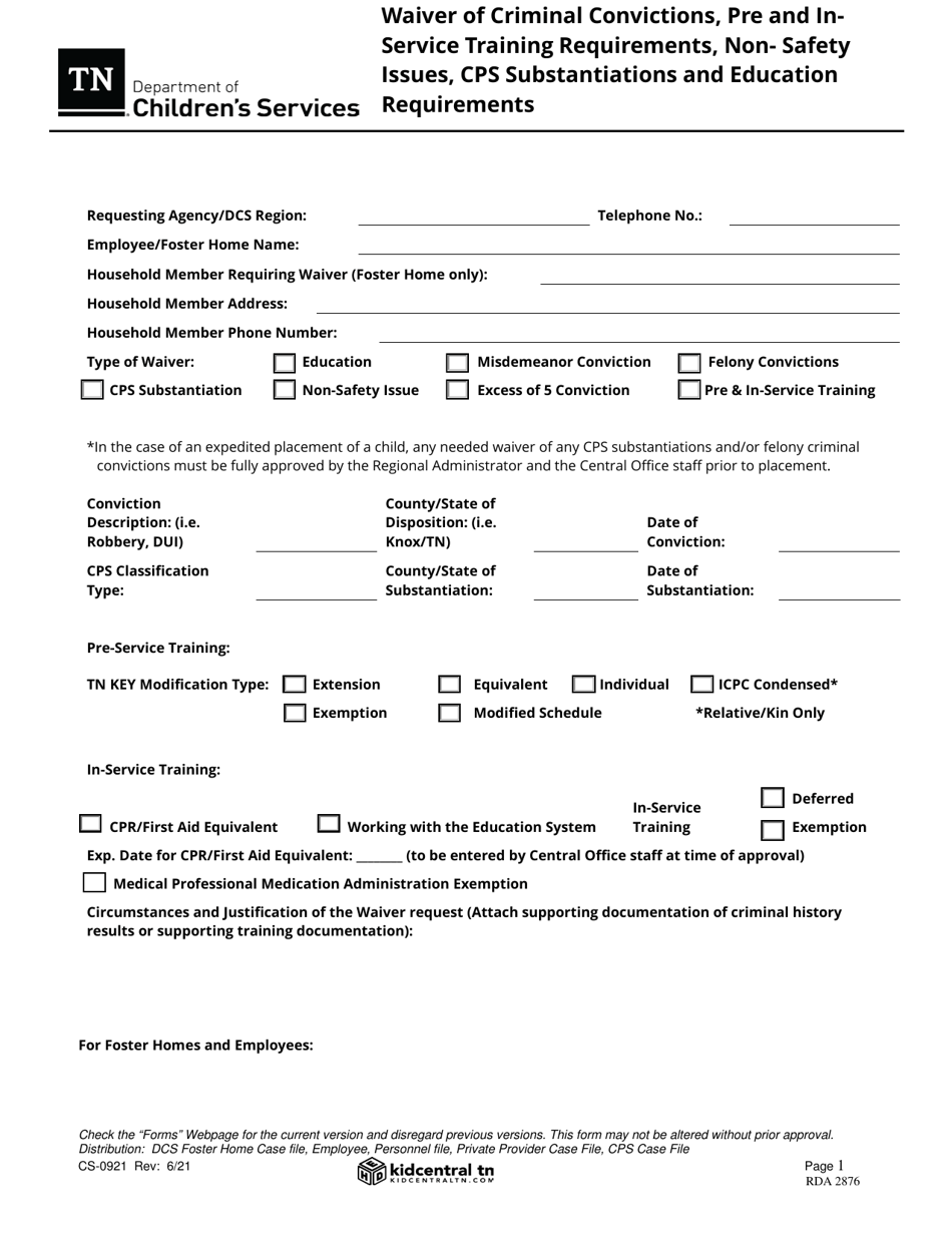 Form CS-0921 Waiver of Criminal Convictions, Pre and In-Service Training Requirements, Non-safety Issues, Cps Substantiations and Education Requirements - Tennessee, Page 1