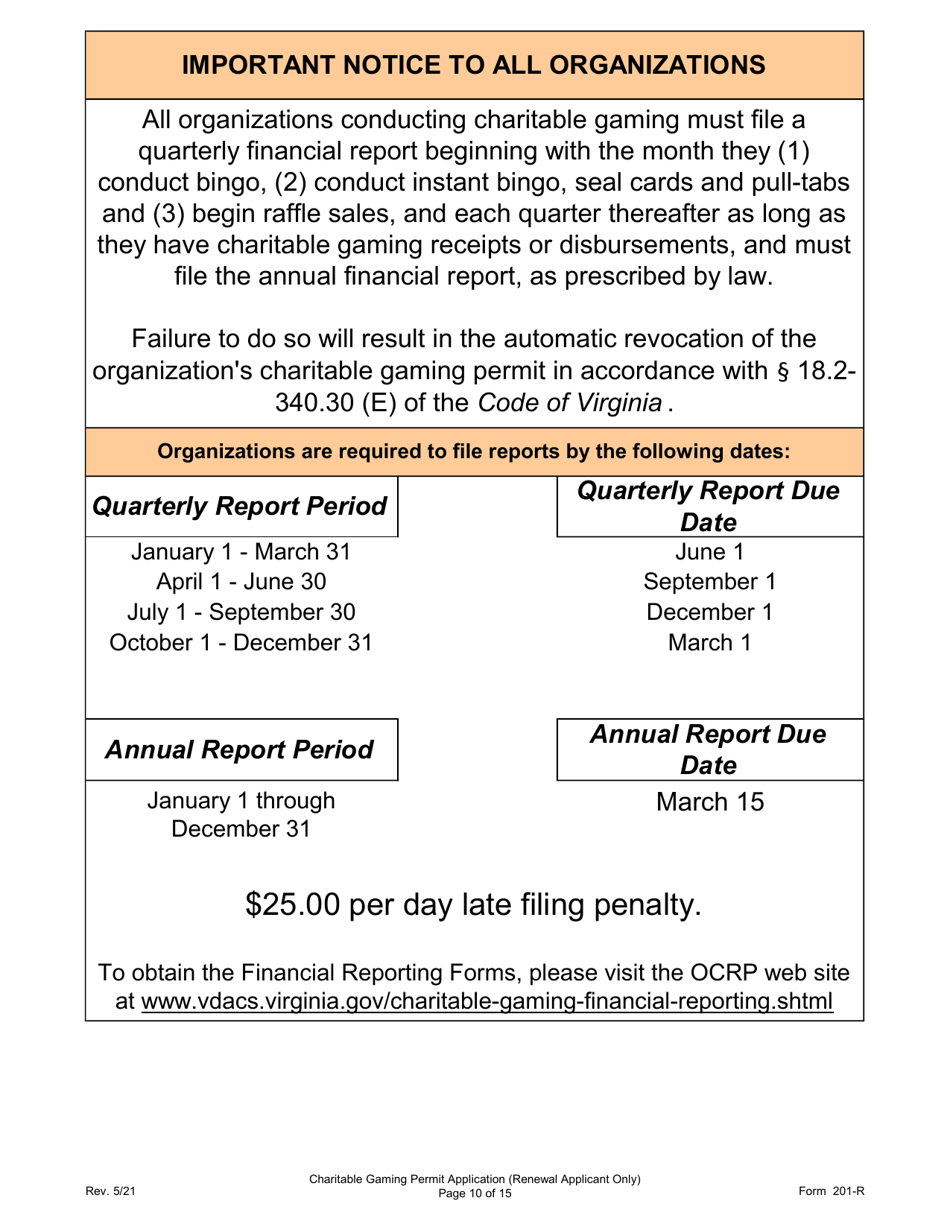 Form 201-R Charitable Gaming Permit Application (Renewal Applicant Only) - Virginia, Page 10