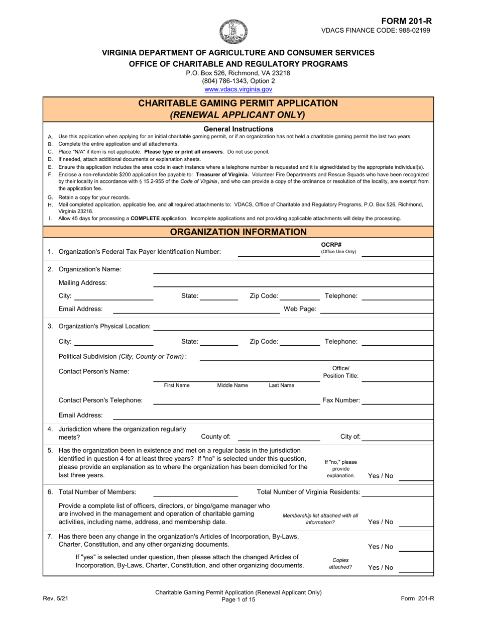 Form 201-R Charitable Gaming Permit Application (Renewal Applicant Only) - Virginia, Page 1