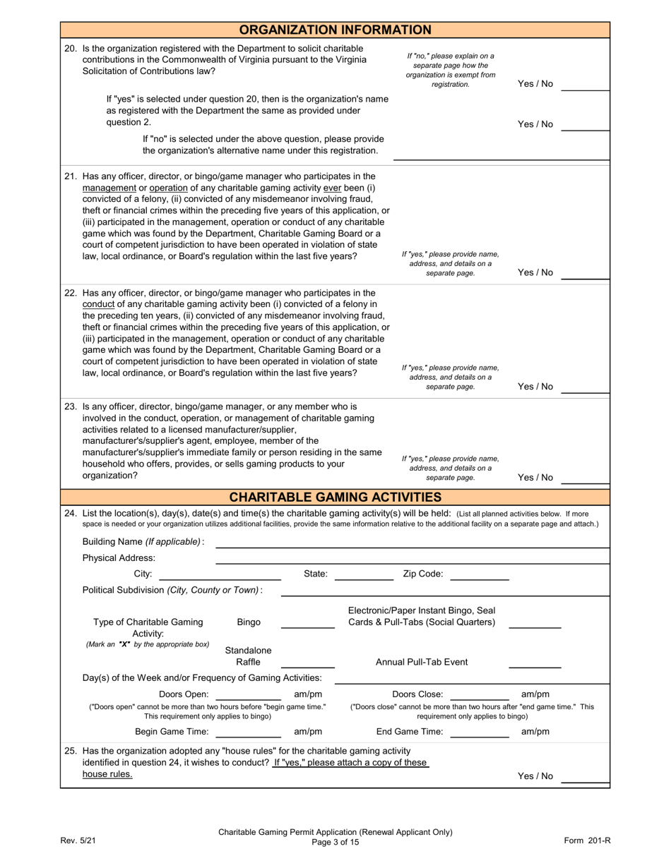 Form 201-R Charitable Gaming Permit Application (Renewal Applicant Only) - Virginia, Page 3