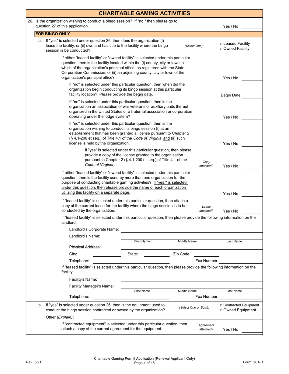 Form 201-R Charitable Gaming Permit Application (Renewal Applicant Only) - Virginia, Page 4