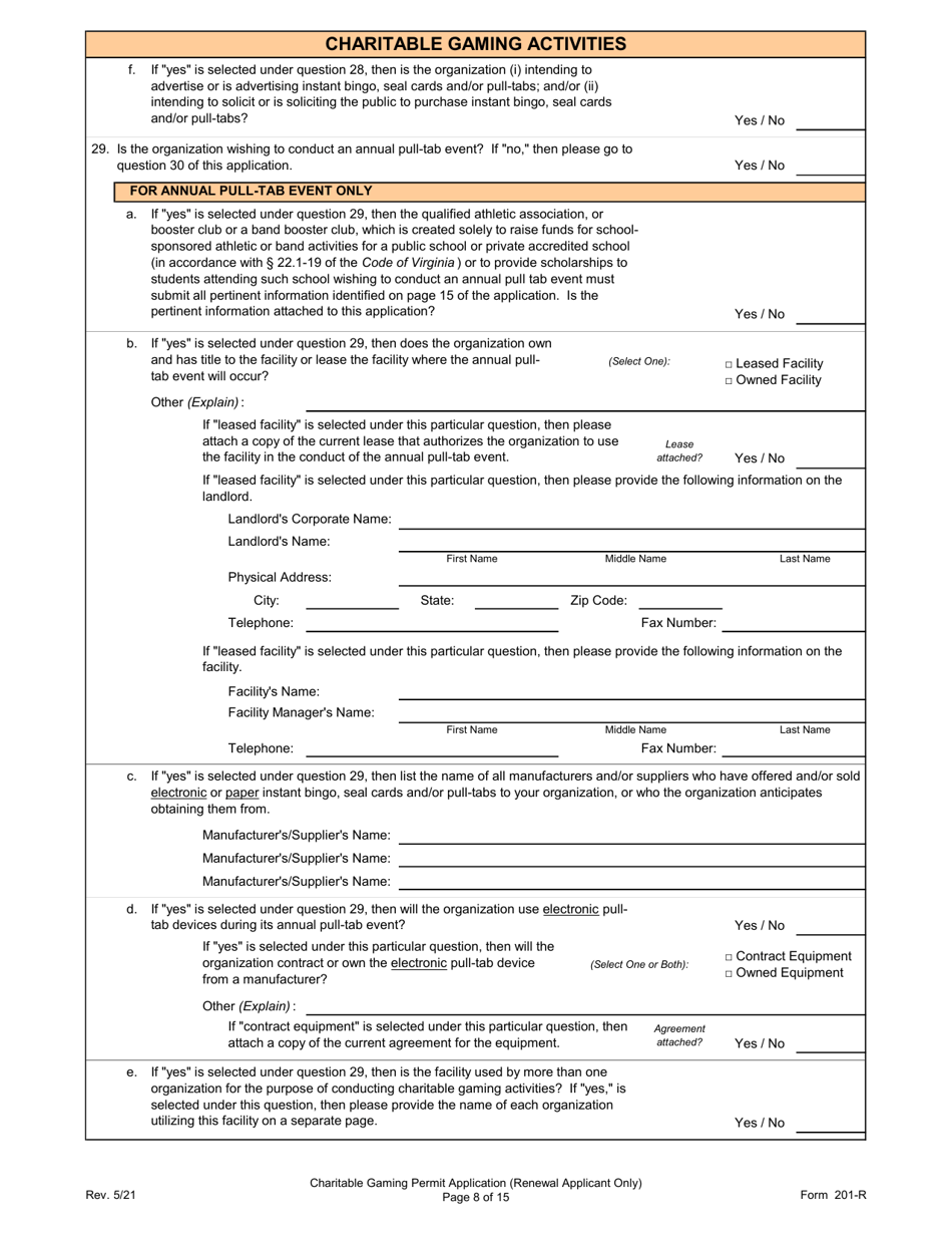 Form 201-R Charitable Gaming Permit Application (Renewal Applicant Only) - Virginia, Page 8