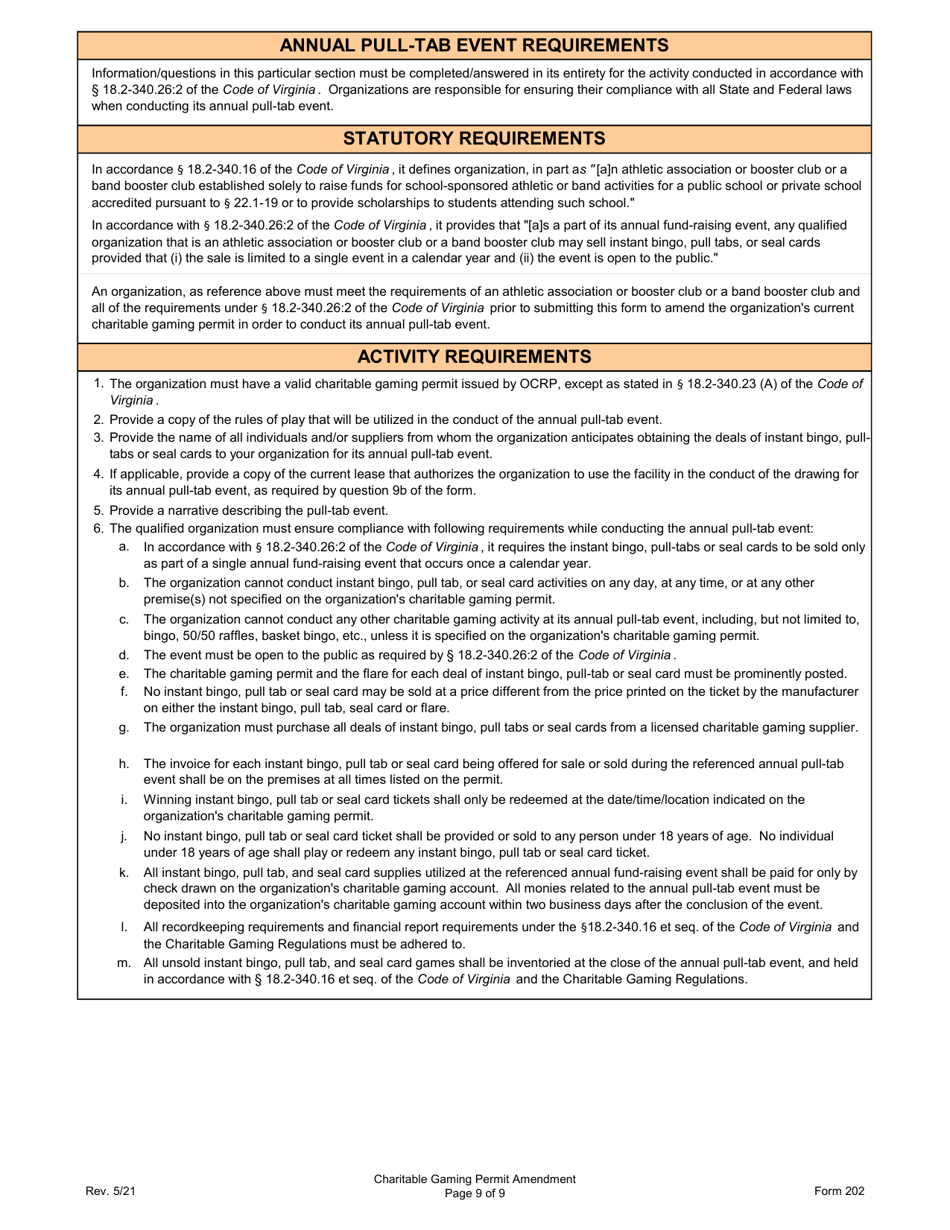Form 202 Charitable Gaming Permit Amendment - Virginia, Page 9