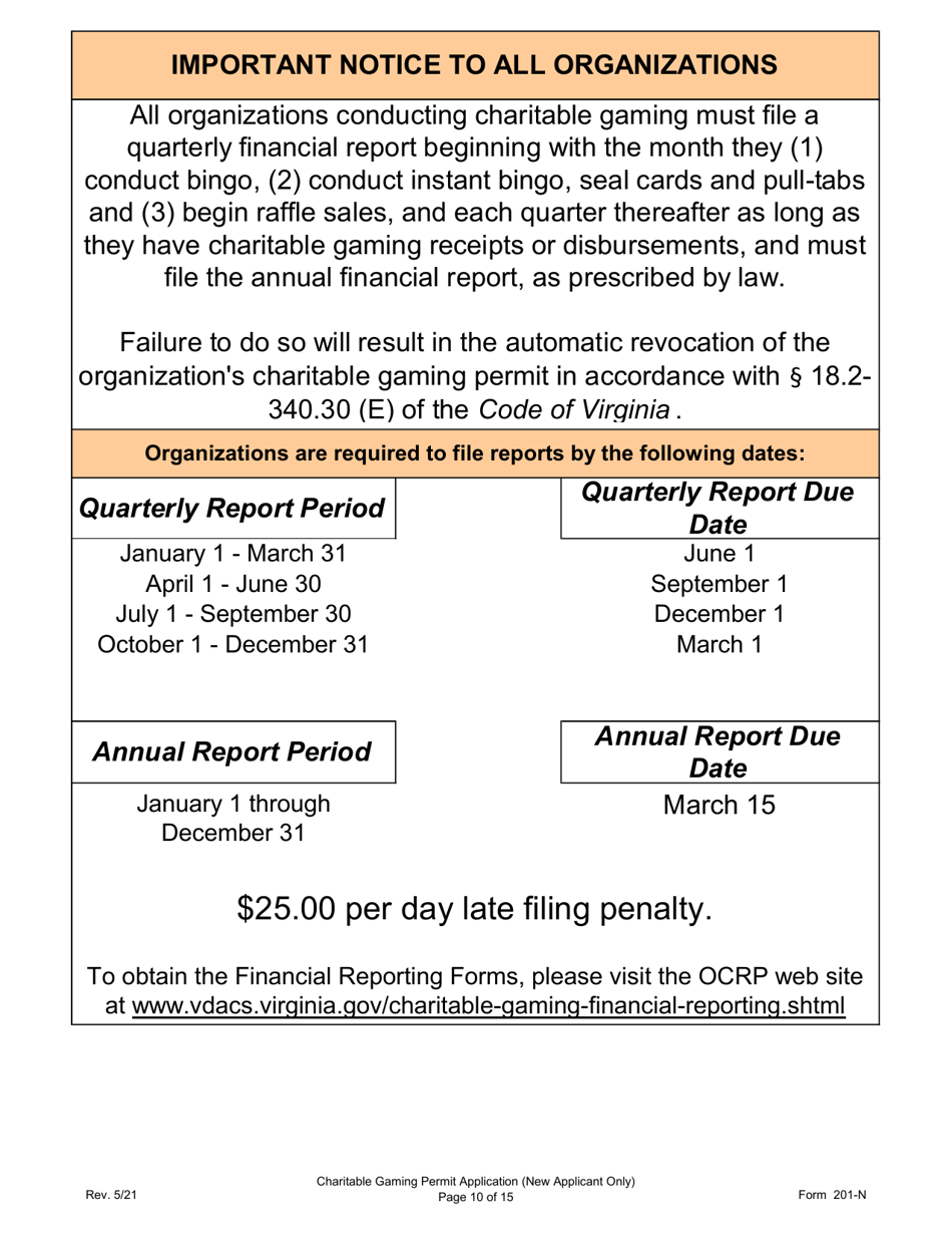 Form 201-N Charitable Gaming Permit Application (New Applicant Only) - Virginia, Page 10