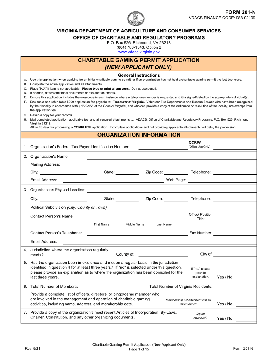 Form 201-N Charitable Gaming Permit Application (New Applicant Only) - Virginia, Page 1