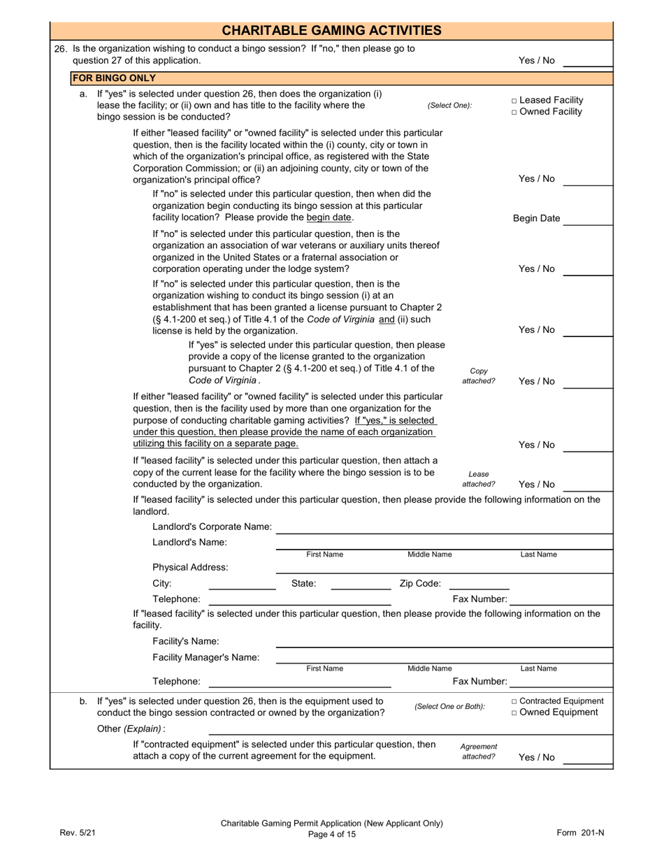 Form 201-N Charitable Gaming Permit Application (New Applicant Only) - Virginia, Page 4