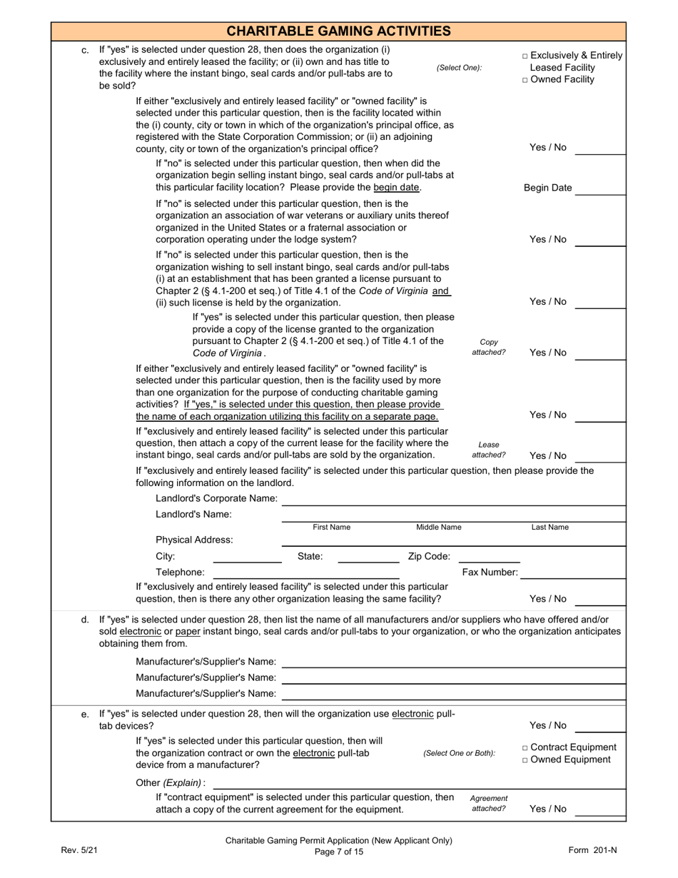 Form 201-N Charitable Gaming Permit Application (New Applicant Only) - Virginia, Page 7