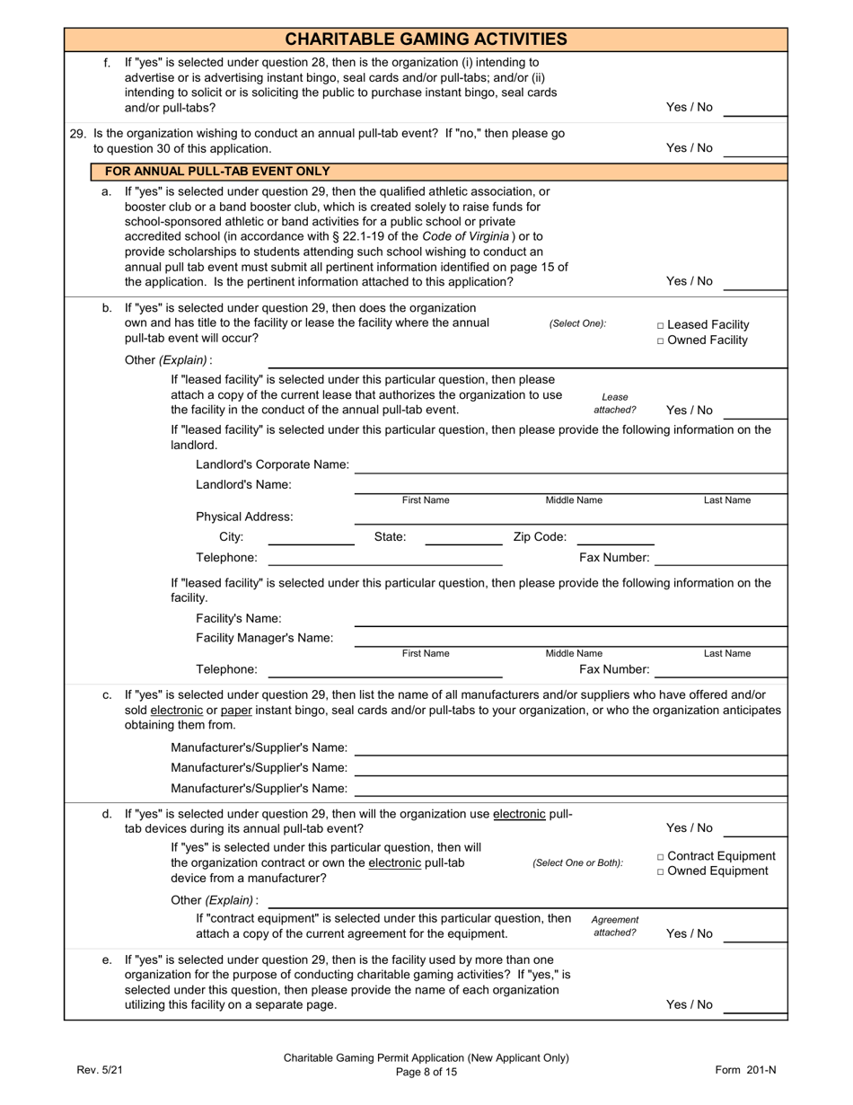 Form 201-N Charitable Gaming Permit Application (New Applicant Only) - Virginia, Page 8