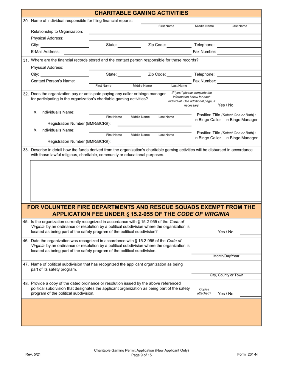 Form 201-N Charitable Gaming Permit Application (New Applicant Only) - Virginia, Page 9
