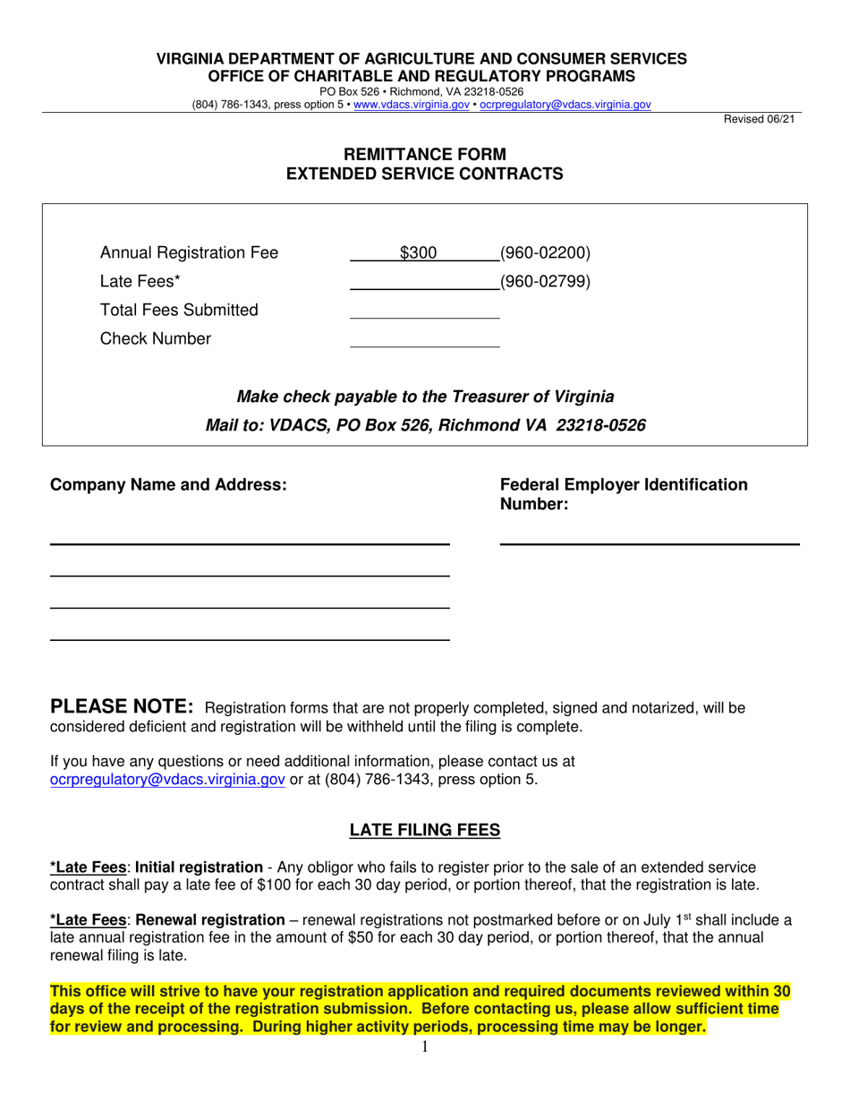 Form OCRP-61 Extended Service Contract Provider/Obligor Application for Registration - Virginia, Page 1