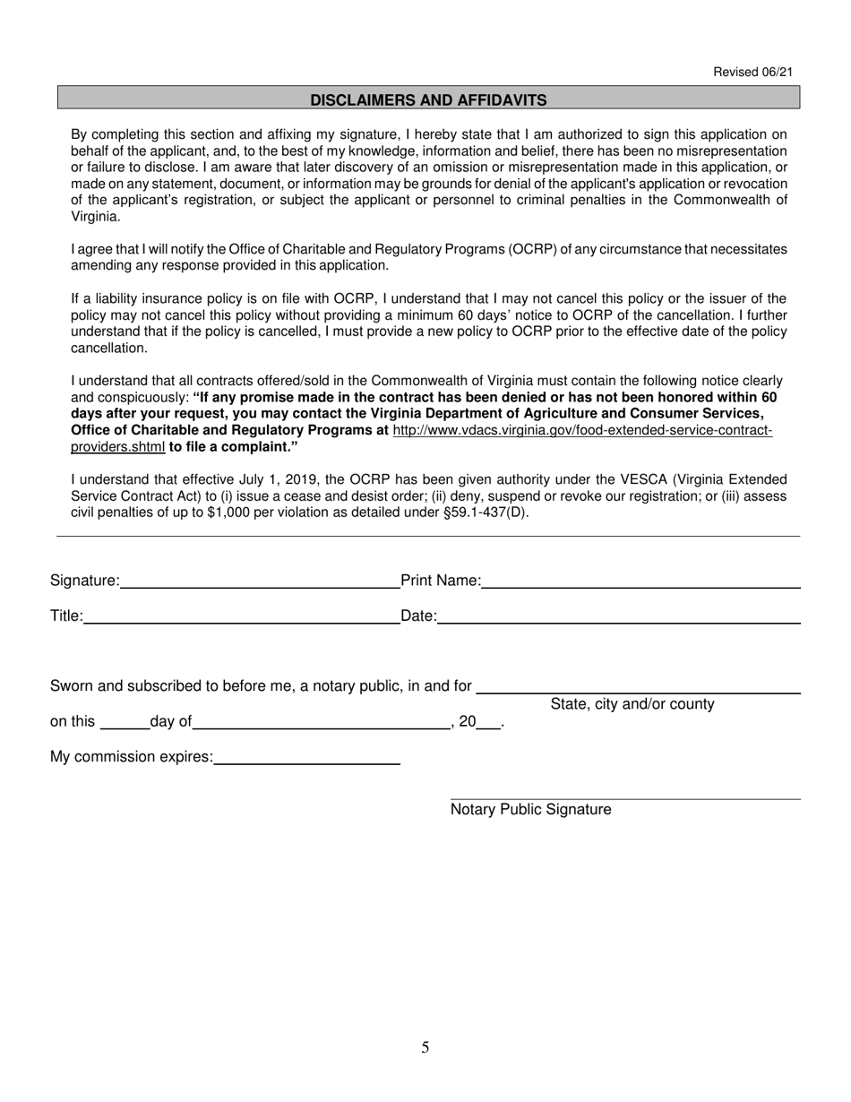 Form OCRP-61 Extended Service Contract Provider / Obligor Application for Registration - Virginia, Page 5