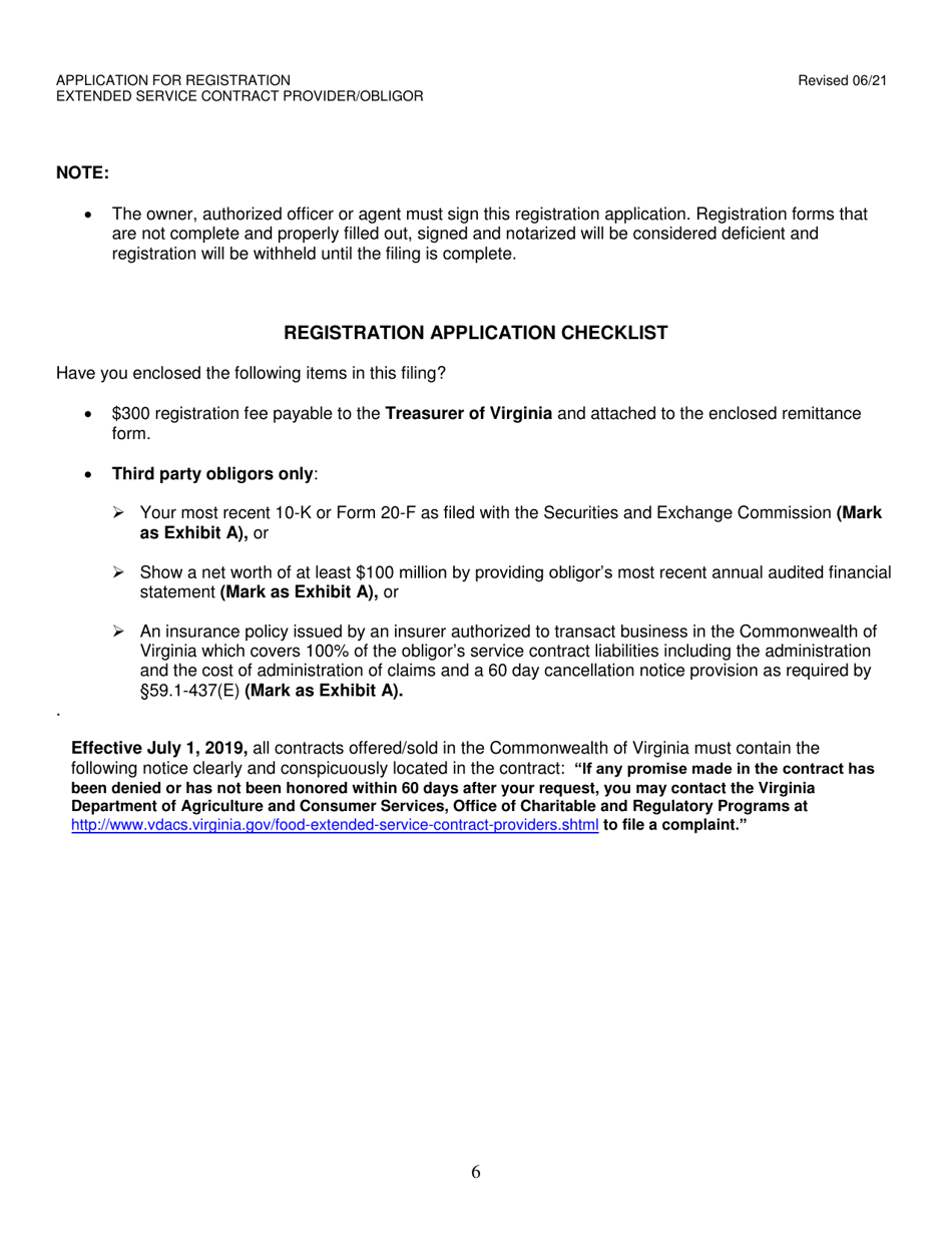 Form OCRP-61 Extended Service Contract Provider / Obligor Application for Registration - Virginia, Page 6