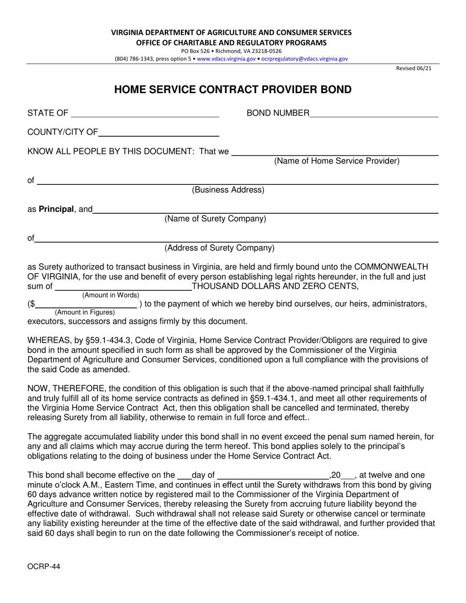 Form OCRP-44 Home Service Contract Provider Bond - Virginia, Page 1