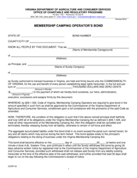 Form OCRP-54 Membership Camping Operator's Bond - Virginia