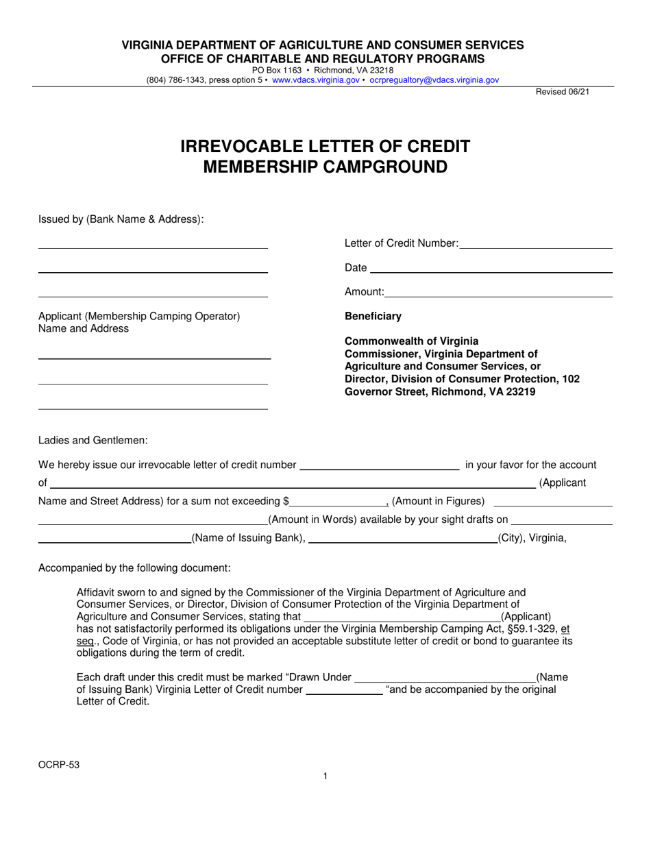 Form OCRP-53 Irrevocable Letter of Credit - Membership Campground - Virginia, Page 1