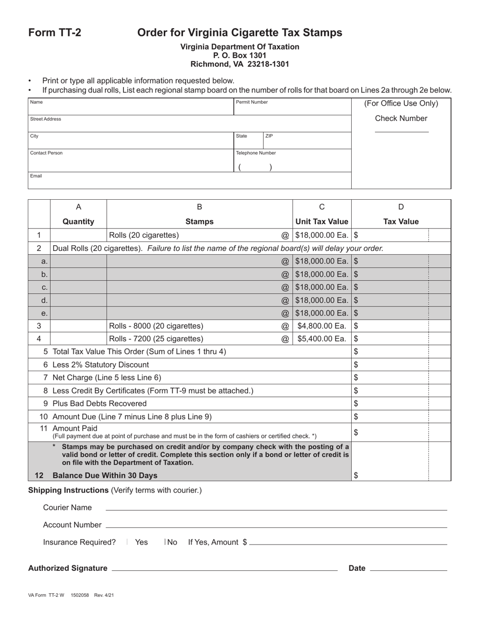 Form Tt-2 Download Fillable Pdf Or Fill Online Order For Virginia 