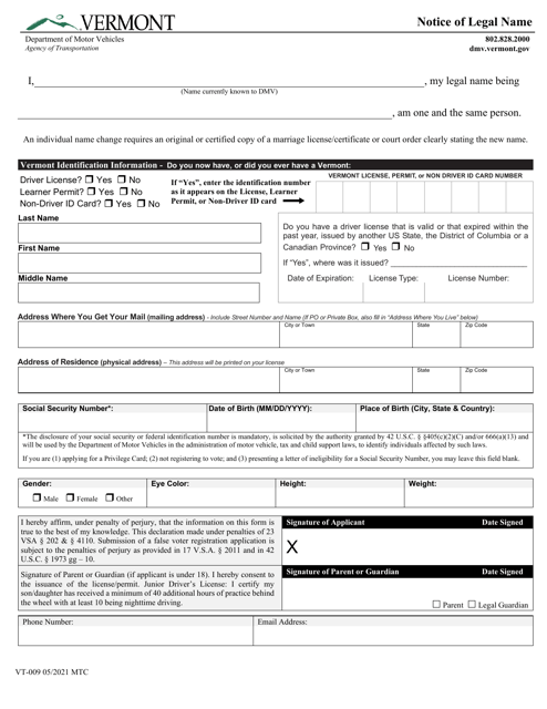 Form VT-009 Notice of Legal Name - Vermont