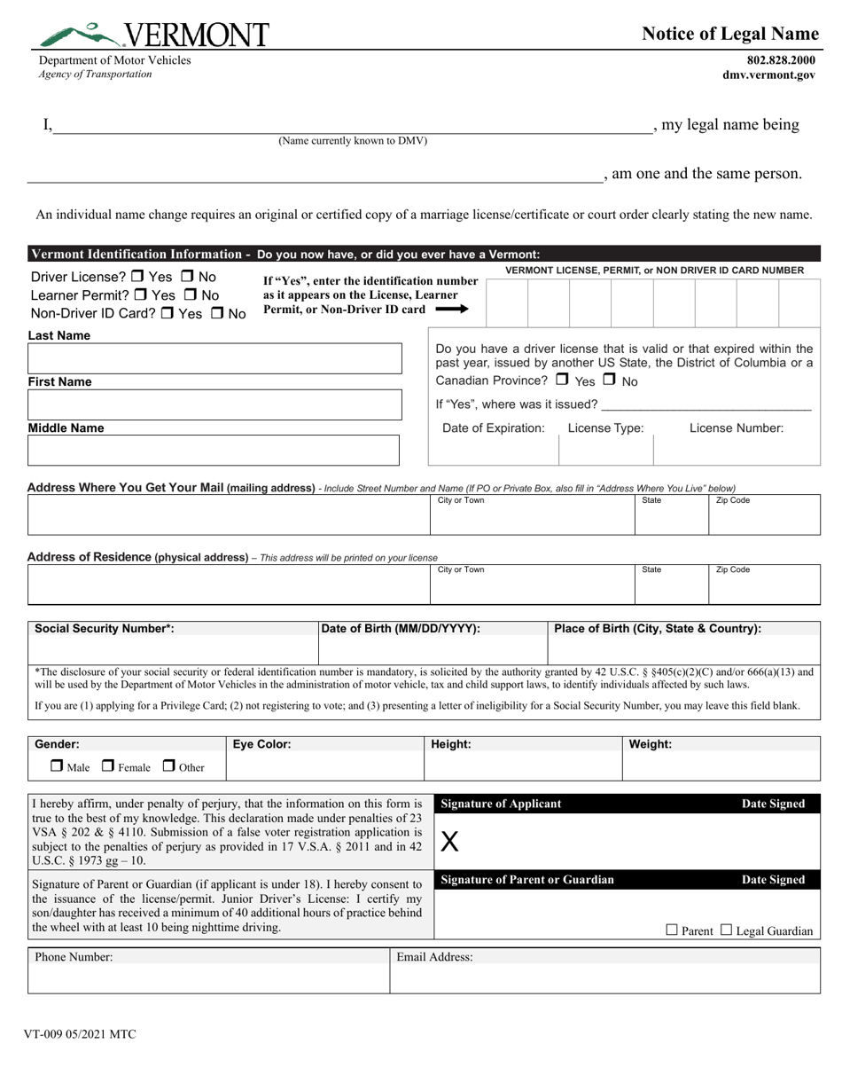 Form VT-009 Notice of Legal Name - Vermont, Page 1