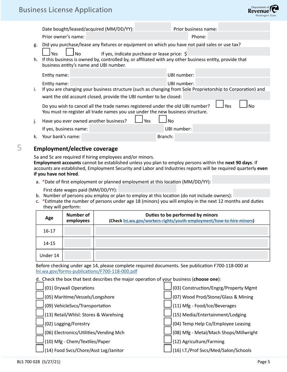 Form BLS700 028 Business License Application - Washington, Page 5