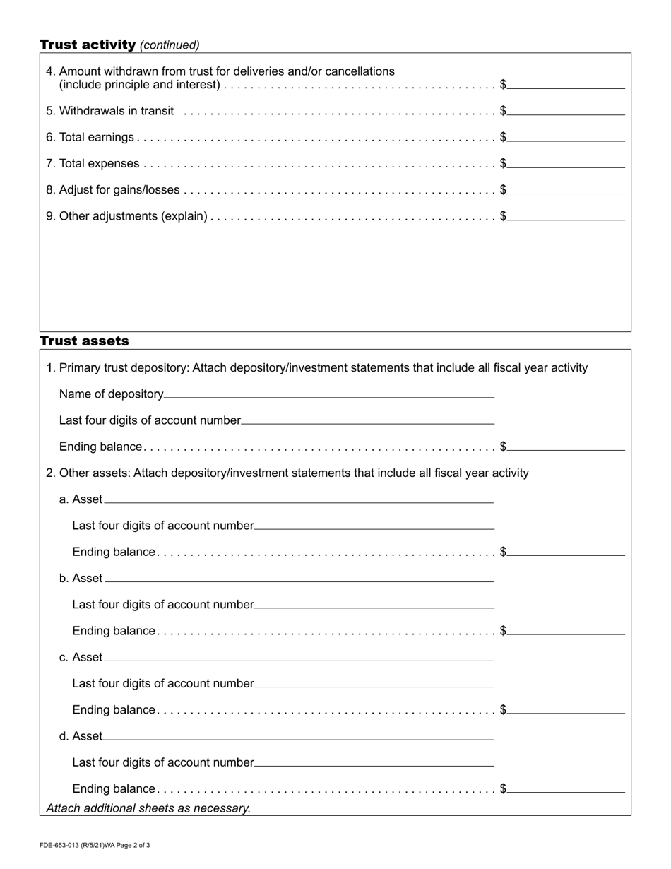 Form FDE-653-013 Prearrangement Funeral Service Contract Trust / Insurance Sales Annual Report - Washington, Page 2