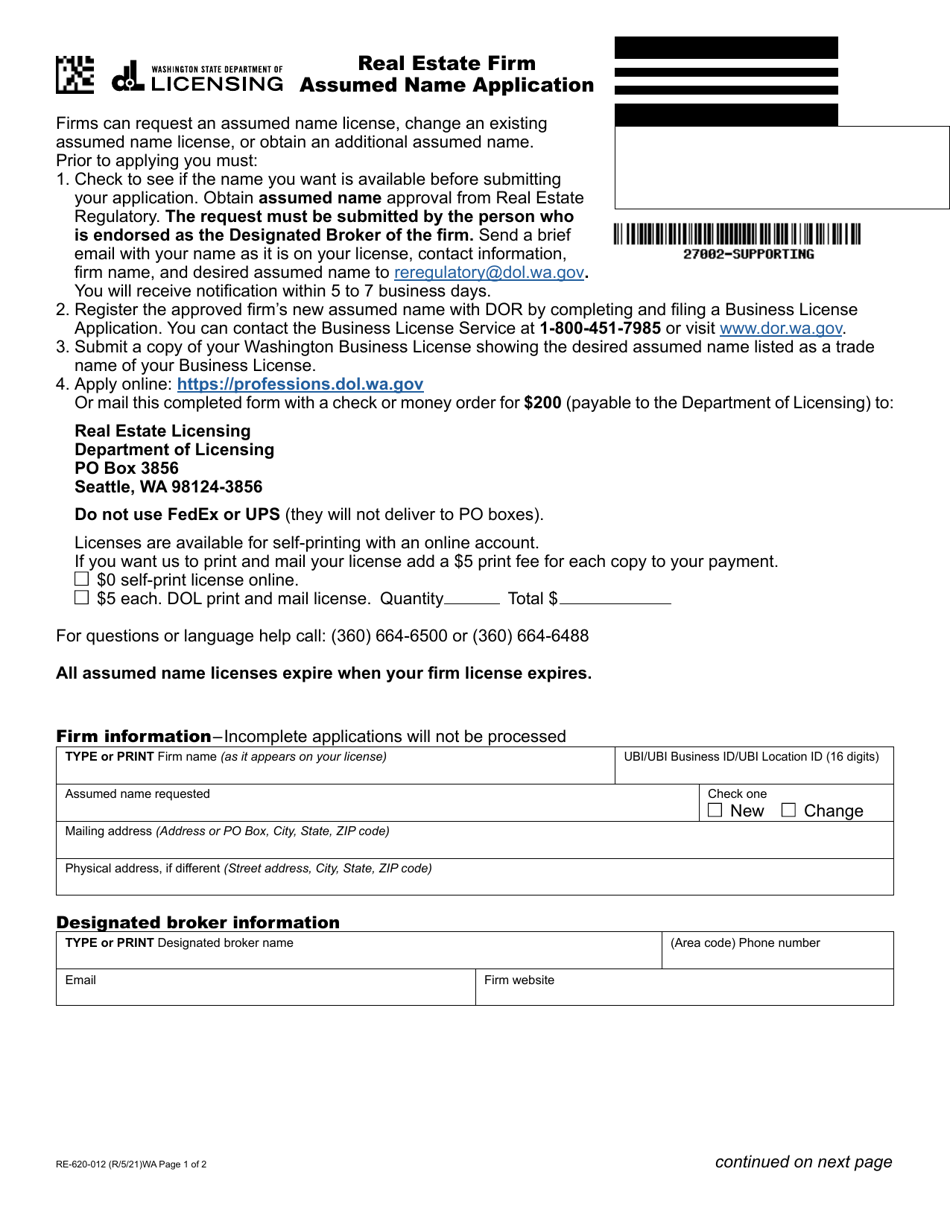 Form RE-620-012 Real Estate Firm Assumed Name Application - Washington, Page 1