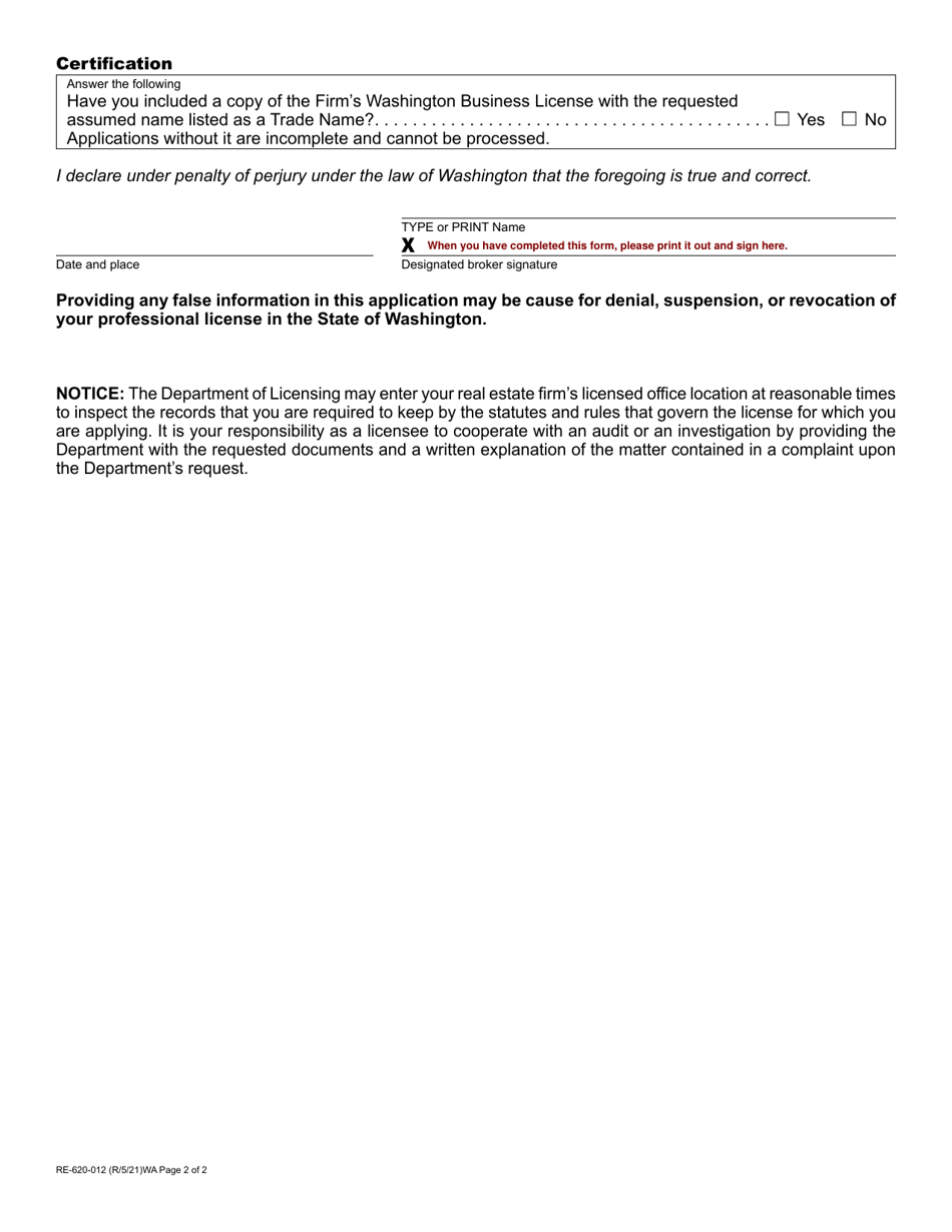 Form RE-620-012 Real Estate Firm Assumed Name Application - Washington, Page 2