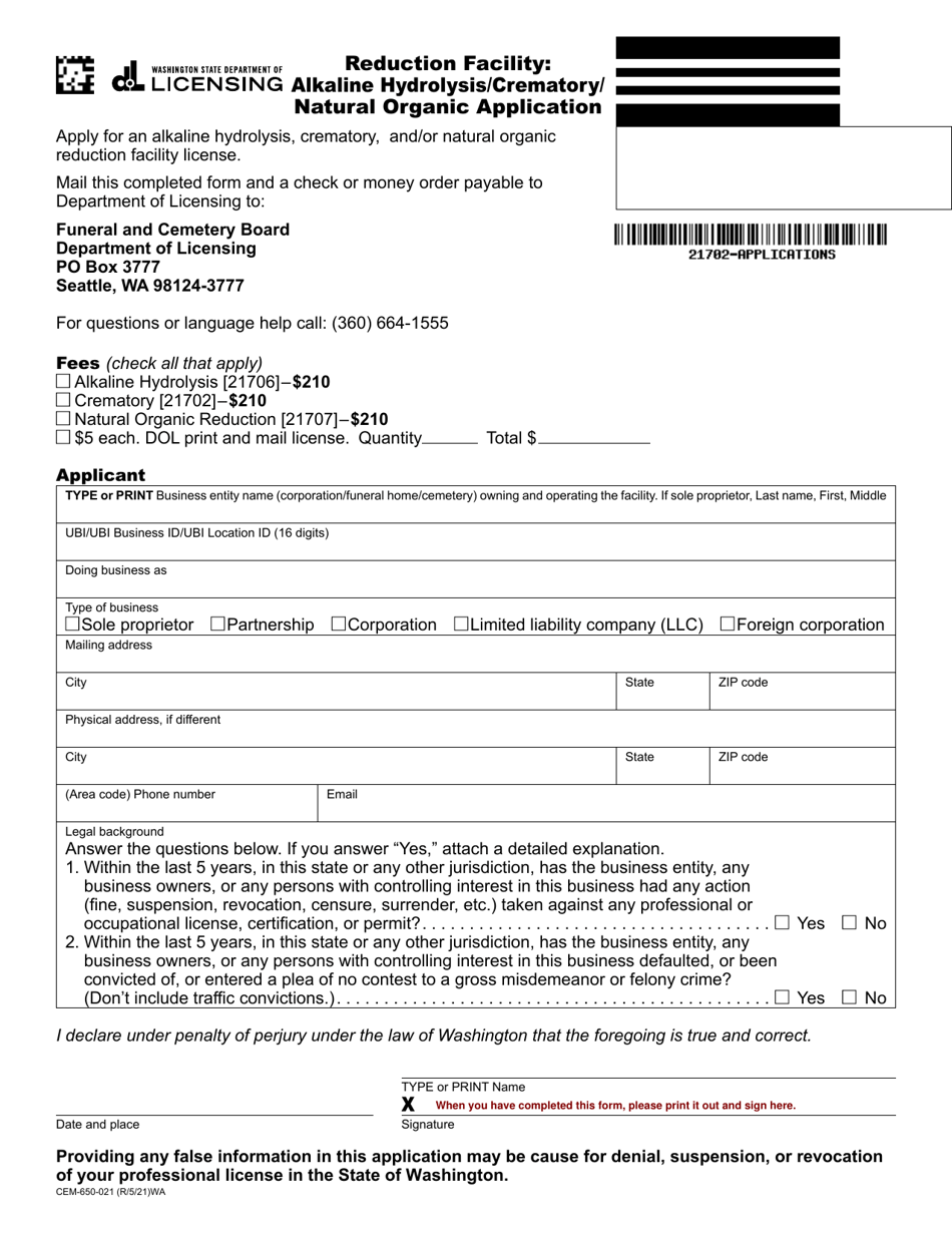 Form CEM-650-021 Reduction Facility: Alkaline Hydrolysis / Crematory / Natural Organic Application - Washington, Page 1