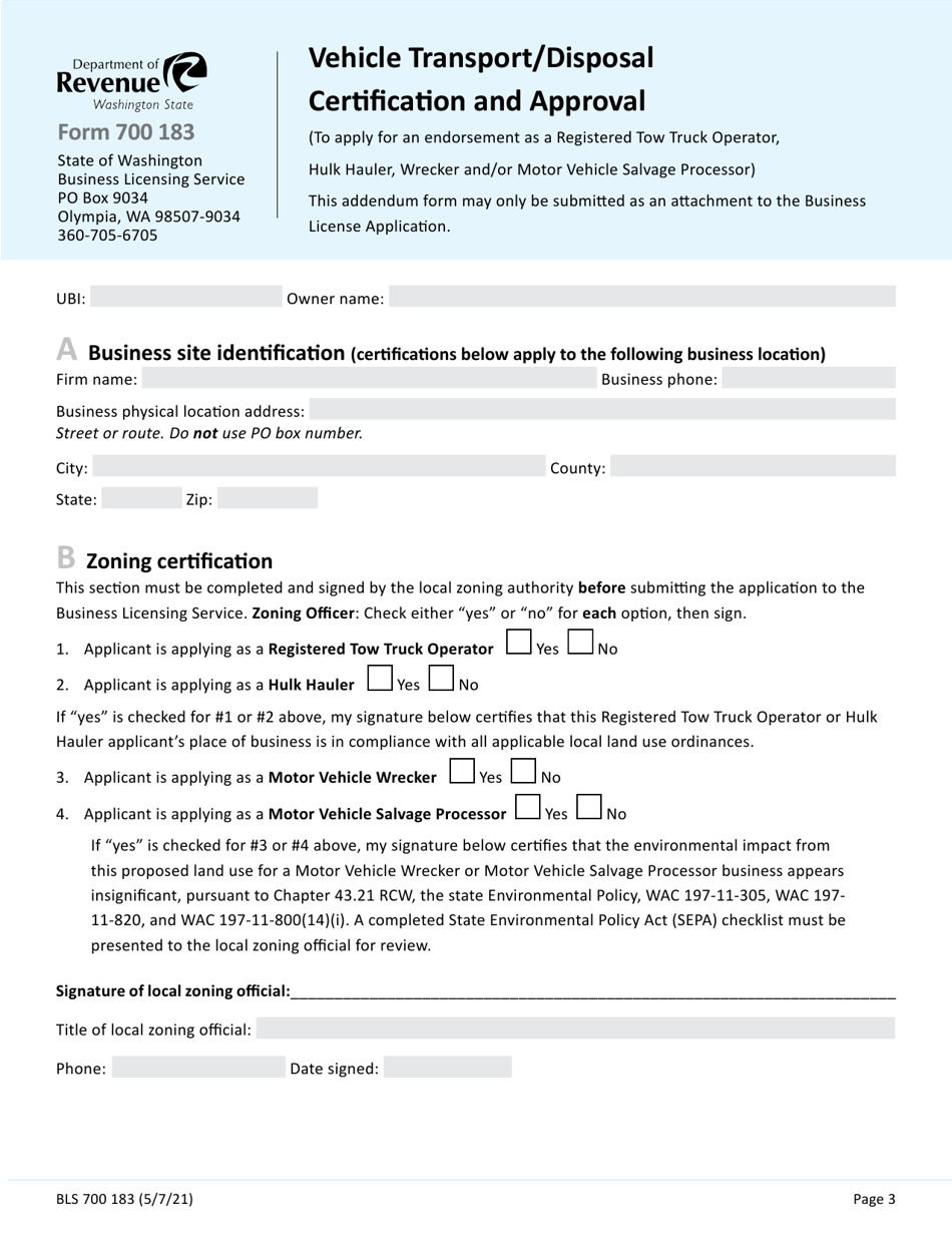 Form BLS700 183 Vehicle Transport / Disposal Addendum - Washington, Page 3